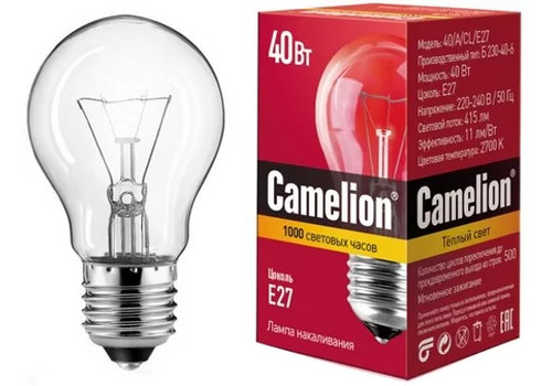 Лампа накаливания Camelion 40/A/CL/E27, фото 1